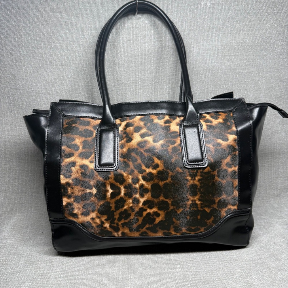 Merona Leopard Print Tote Bag Faux‎ Leather Black Animal Print Handbag Large